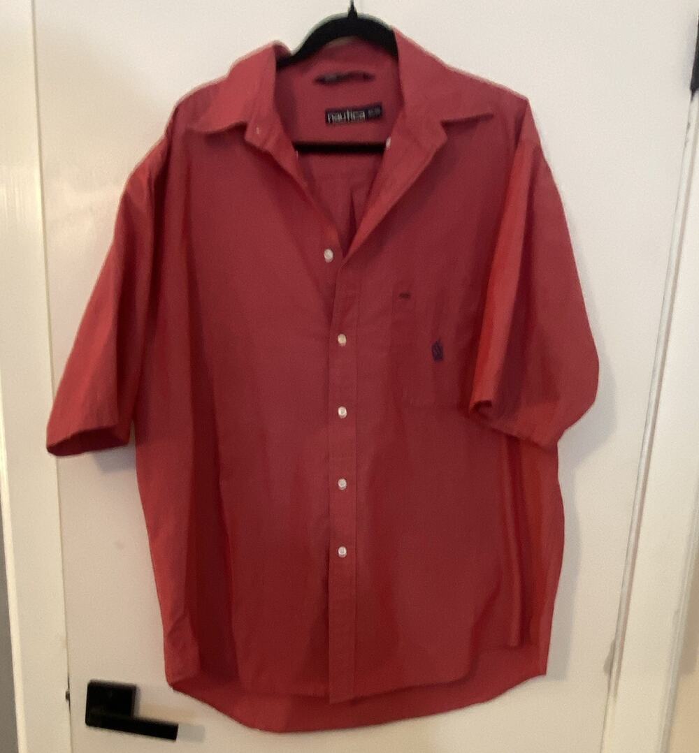 Nautica Mens XL Short Sleeve Button Front Shirt Red 100% Cotton Chest Pocket